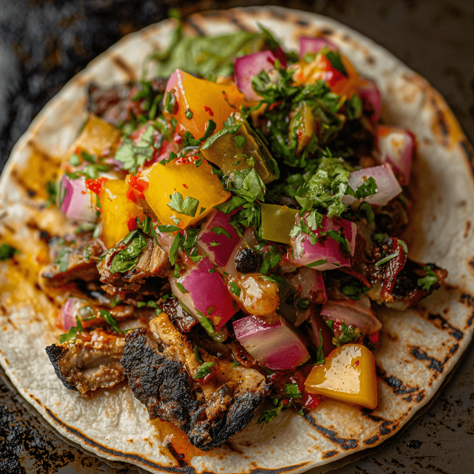 Peachy chicken carnitas taco.