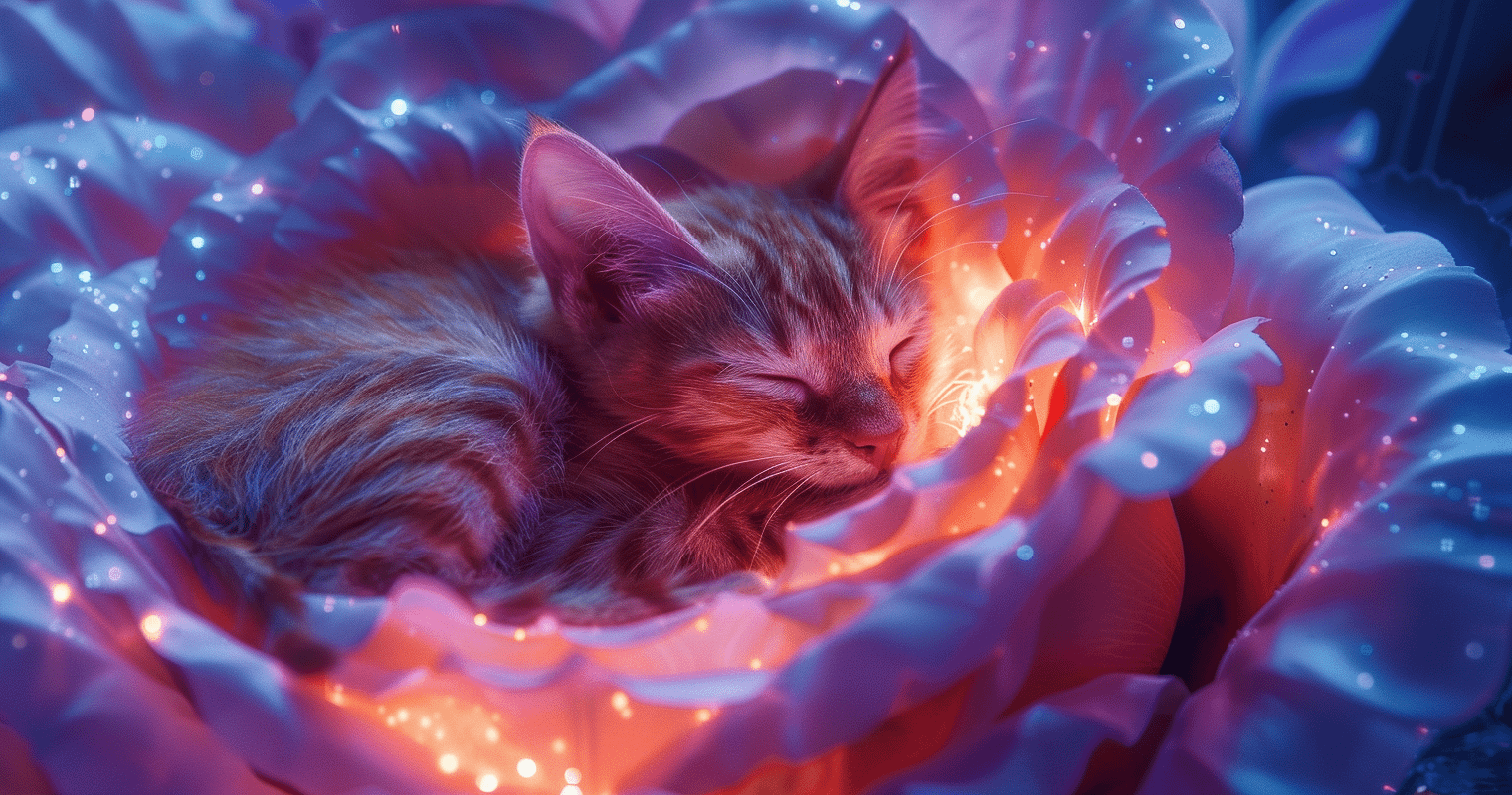 Sleeping kitten in magical flower bed