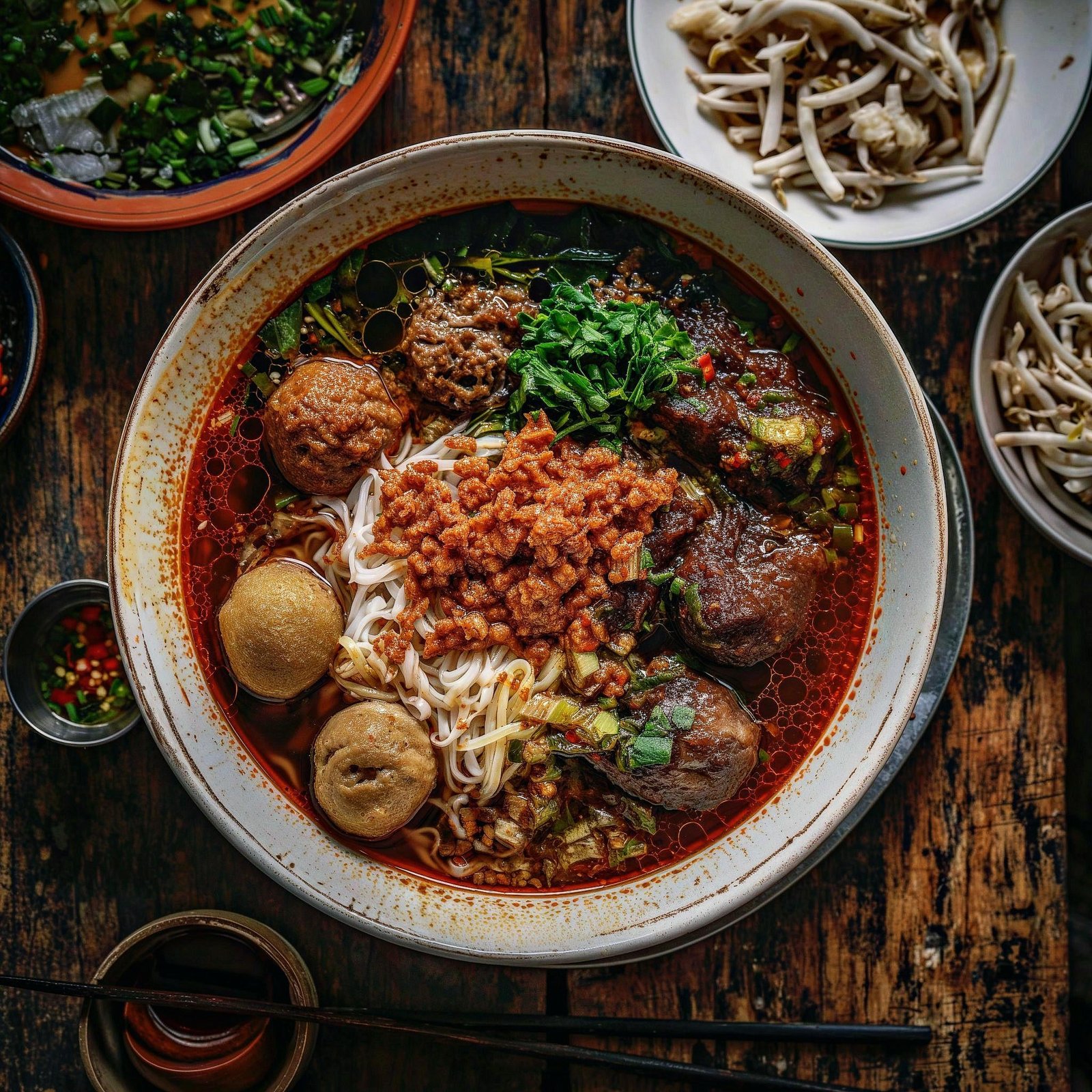 Spicy Indonesian Meatballs in Noodle Soup