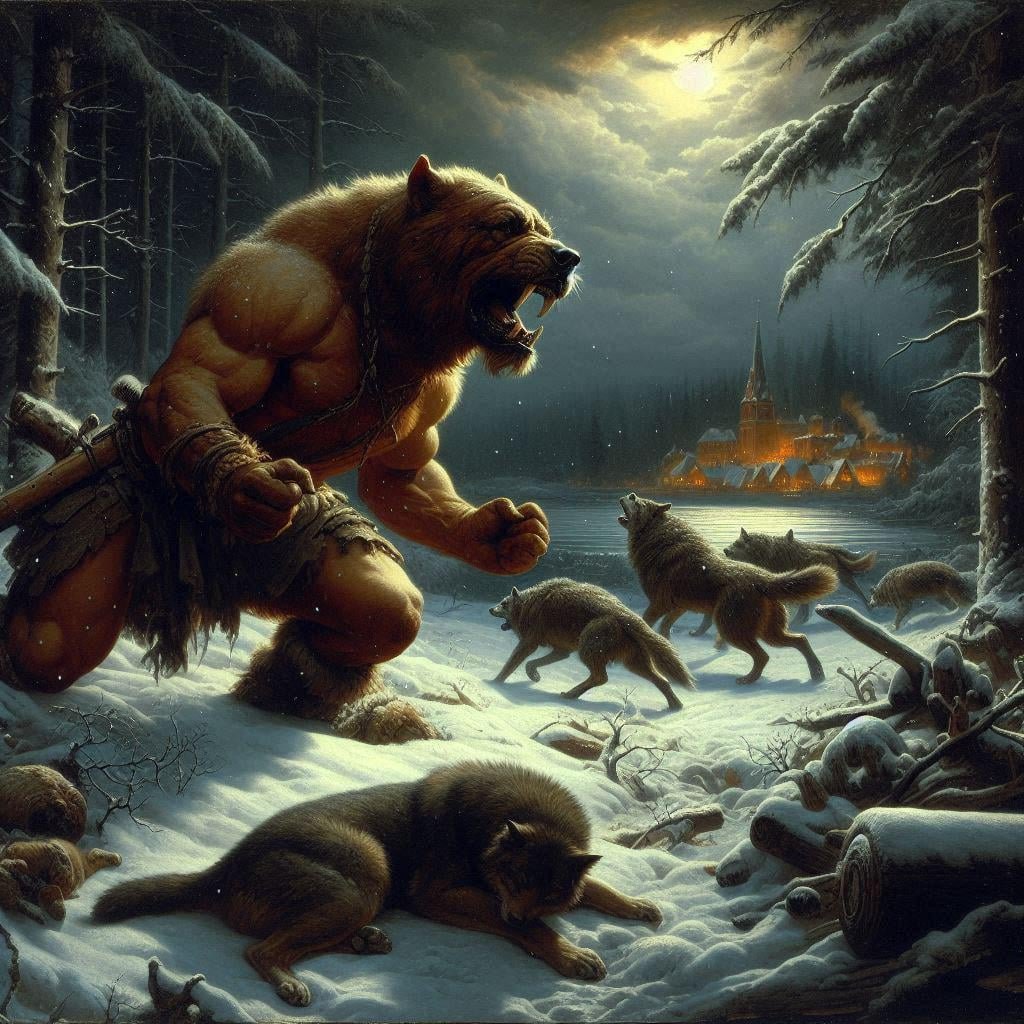 Werewolf vs. wolves in forest